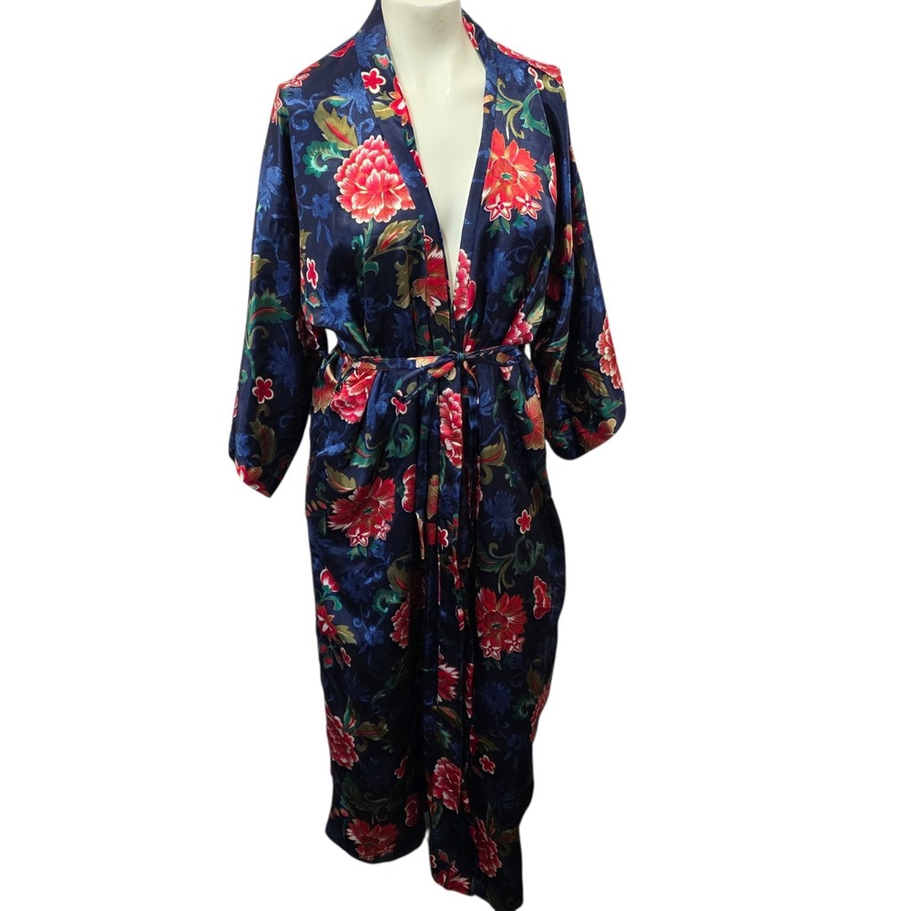 Vintage California Dynasty Floral Satin Kimono Robe Full Length Belted USA